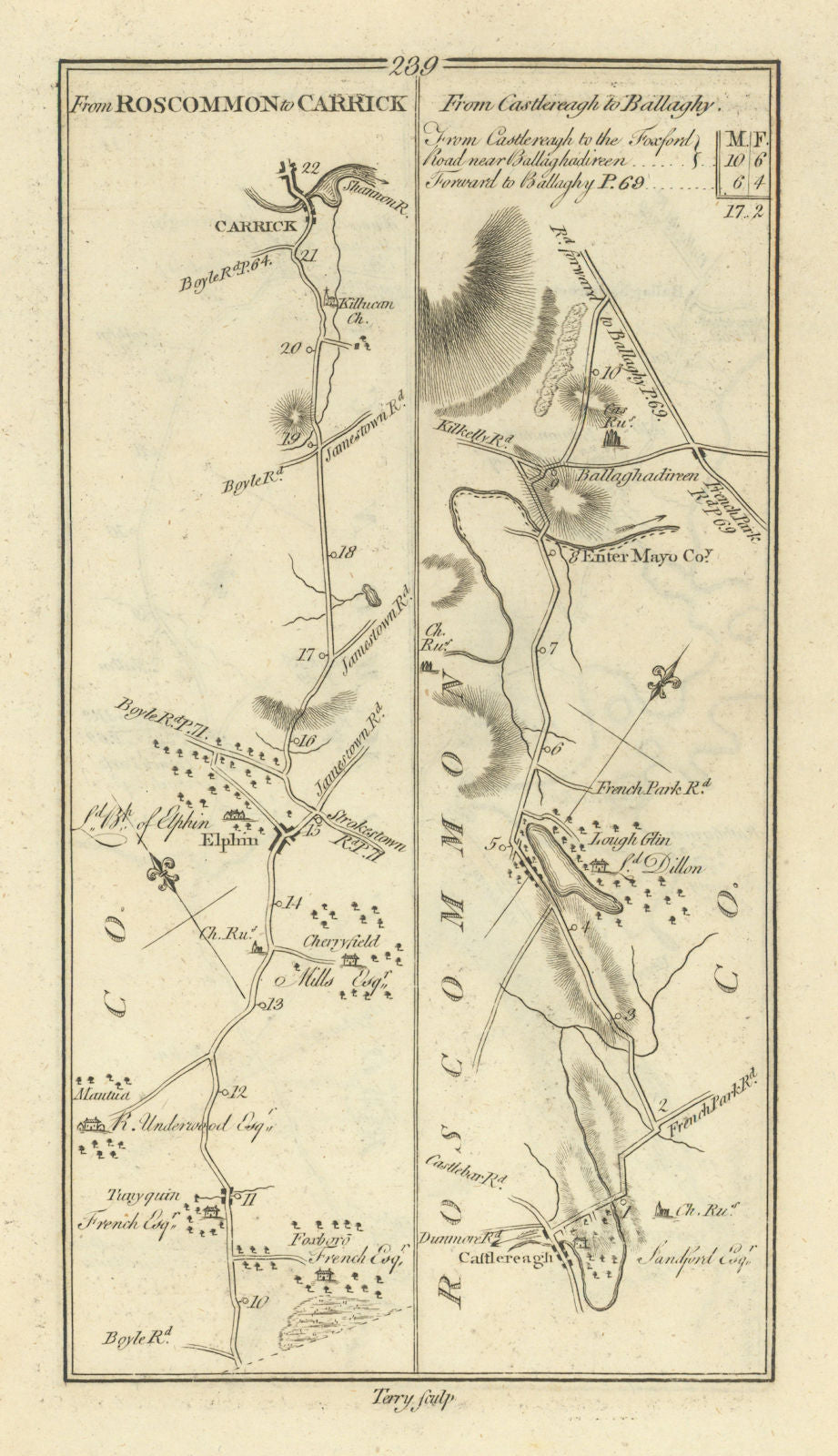 #239 Roscommon to Carrick/Shannon. Castlerea to Ballaghy TAYLOR/SKINNER 1778 map